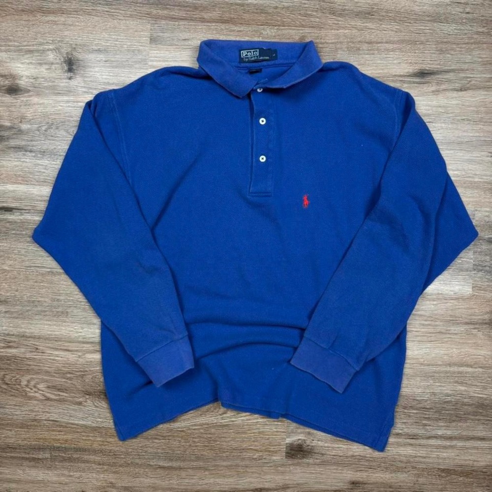 vintage 90s heavyweight royal blue made in USA knit long sleeve polo shirt